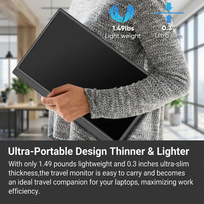 Person holding ultra-portable 15.6-inch wireless portable monitor, 1.49 lbs lightweight, 0.3-inch slim design in modern office setting TUTT