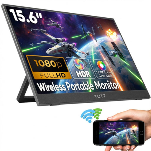 15.6-inch wireless portable monitor with built-in kickstand showing space battle scene, 1080p Full HD, HDR, 16.7M color depth, connected to smartphone, TUTT