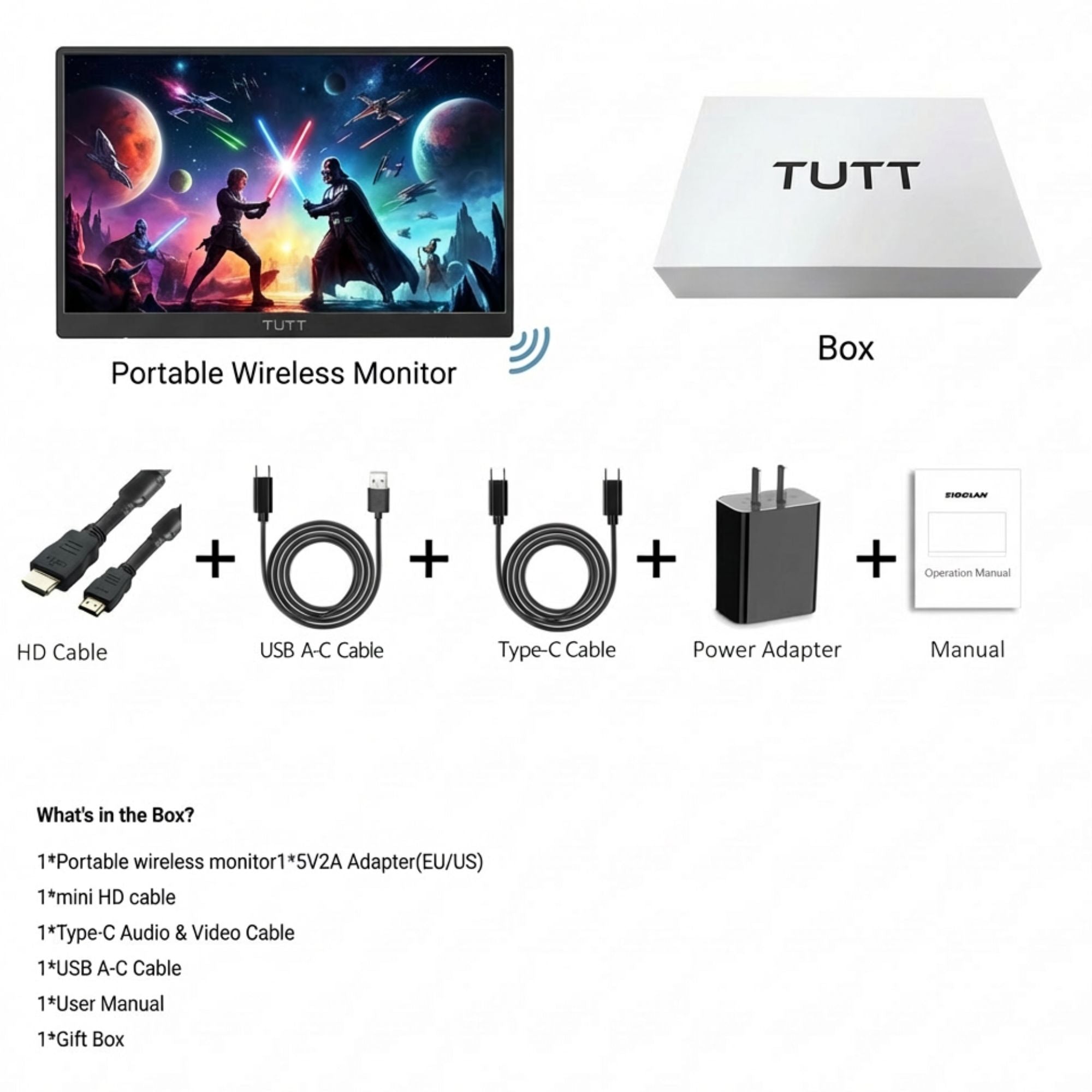 TUTT portable wireless monitor with colorful sci-fi display, included HD, USB A-C, Type-C cables, power adapter, manual, and branded box TUTT