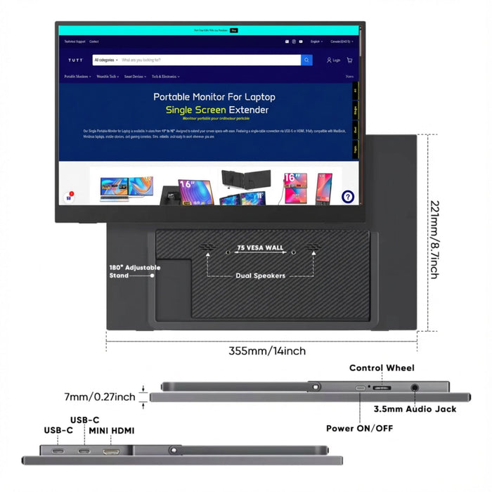 15.6-inch portable IPS monitor with 180° adjustable stand, dual speakers, USB-C and Mini HDMI ports, power switch, and control wheel, designed as a single screen extender for laptops and mobile devices, measuring 355mm by 221mm by 7mm thickness TUTT