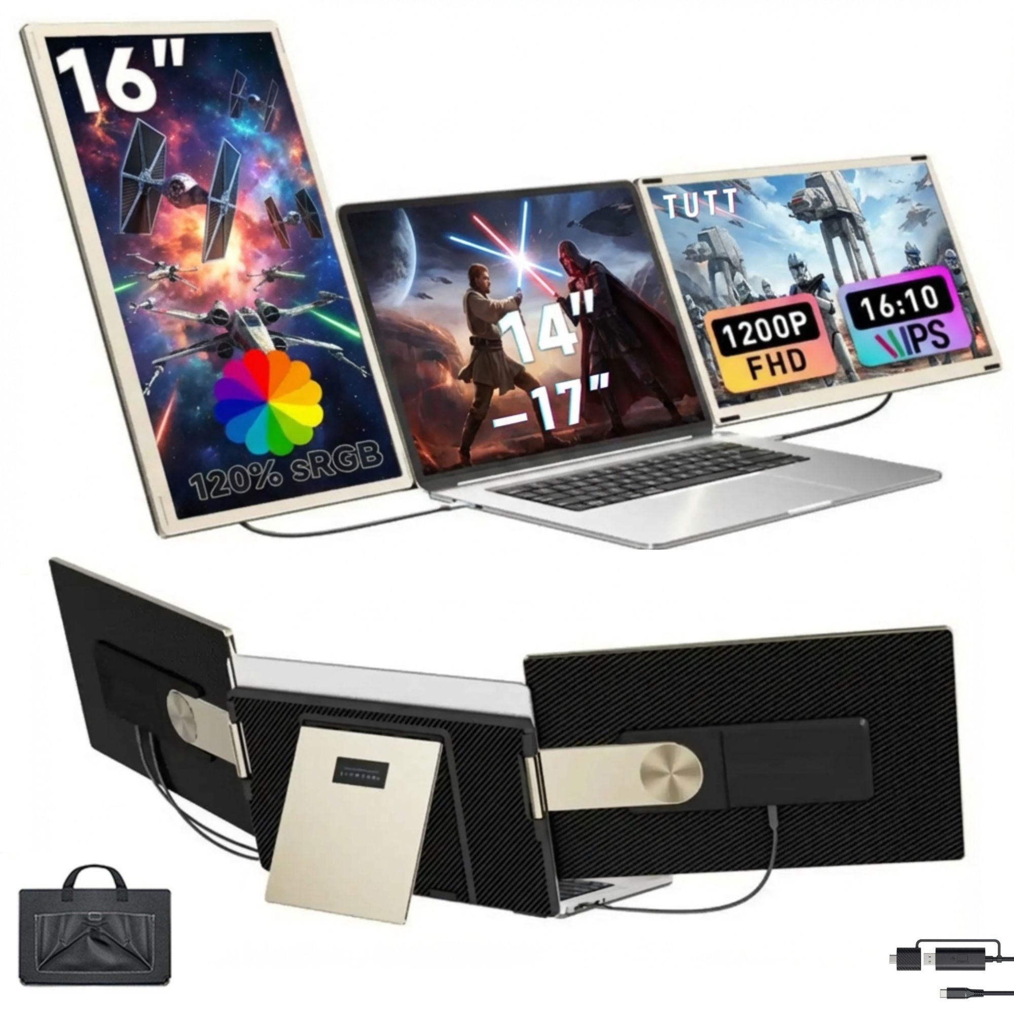 TUTT 16” FHD Portable Monitor 16:10 Aspect Ratio | Triple Laptop Screen Extender | USB-C/HDMI 7 Viewing Modes | All Devices Compatible with Converter Cable (H5 Included) S7 Pro