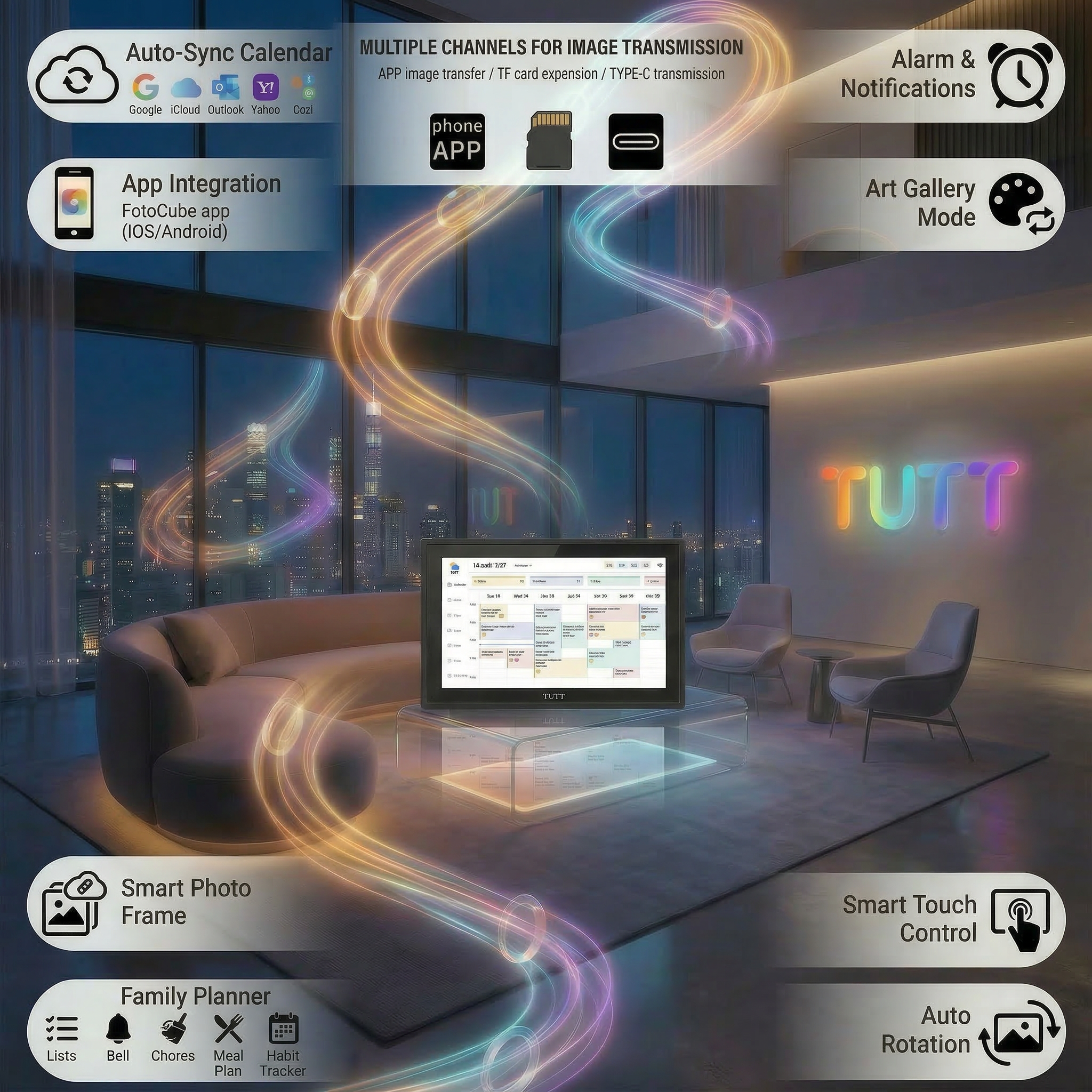 TUTT 21.5” Digital Calendar 32GB | Calendar, Wi-Fi Photo & Video Frame, Art Gallery | Premium Features No Subscription, Touchscreen