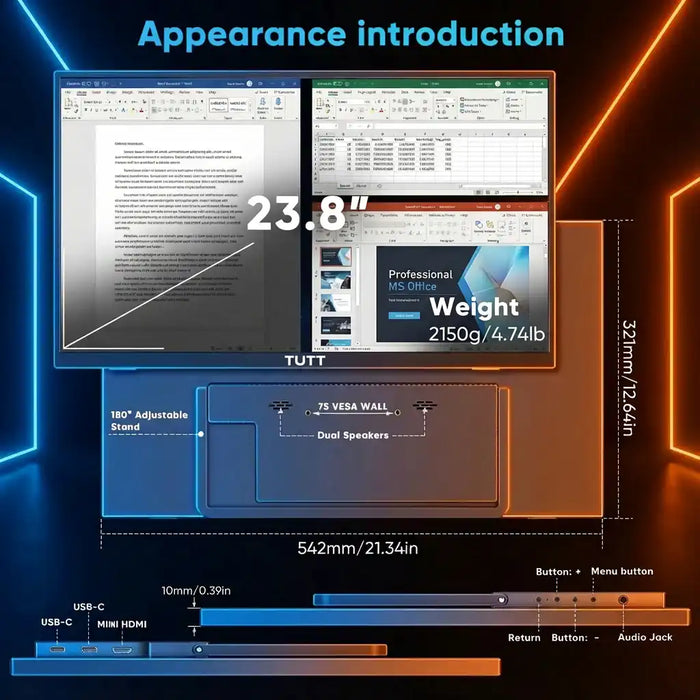 TUTT 23.8" Wireless Portable Monitor 120Hz, Screen Extender for Mobile Laptop | S23W