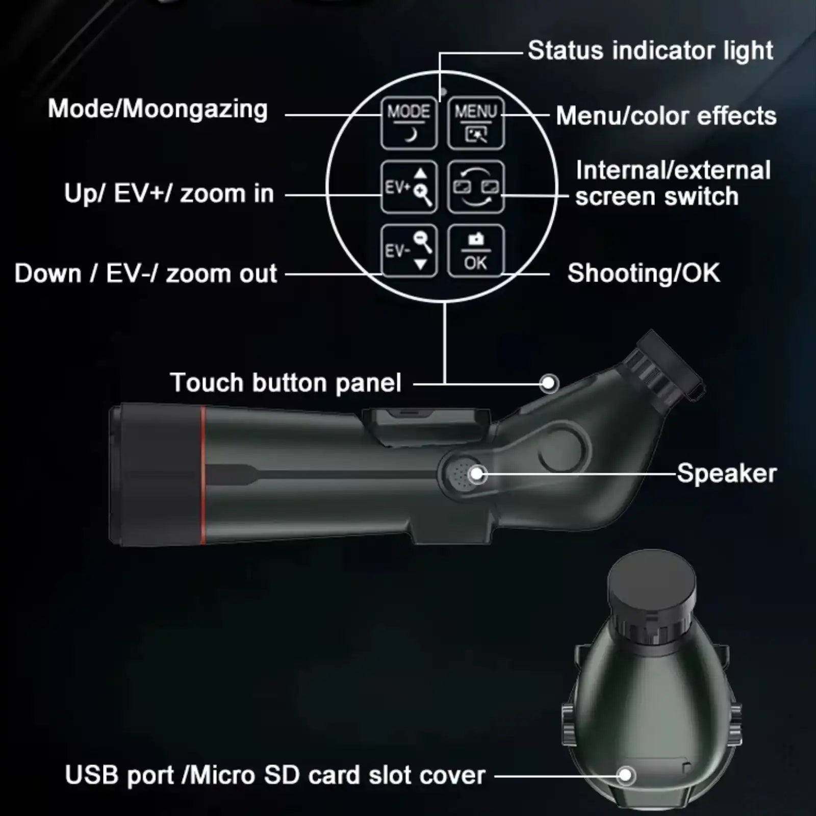 Télescope TUTT 350x, longue-vue | Écran externe et vision nocturne | Enregistrement HD 30 MP sur carte microSD | Astronomique | Étanche IP54