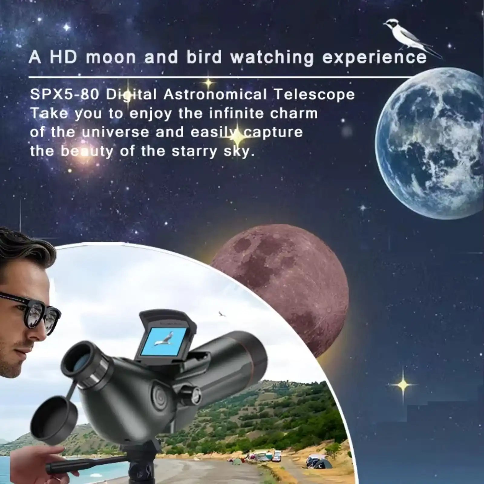 Télescope TUTT 350x, longue-vue | Écran externe et vision nocturne | Enregistrement HD 30 MP sur carte microSD | Astronomique | Étanche IP54