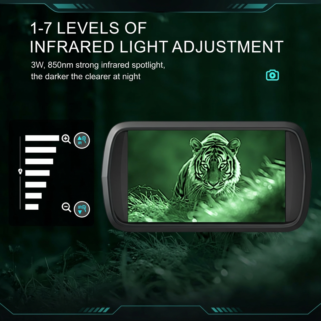 Infrared night vision camera with HD screen showing a tiger in night mode, 7-level IR adjustment, TUTT