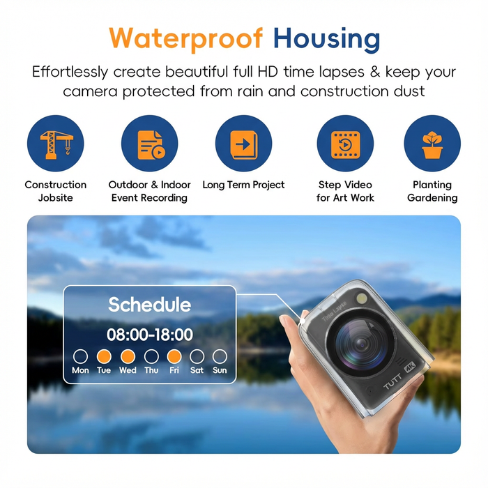 Hand holding TUTT 4K waterproof time lapse camera outdoors, features for construction, events, and long-term projects. TUTT