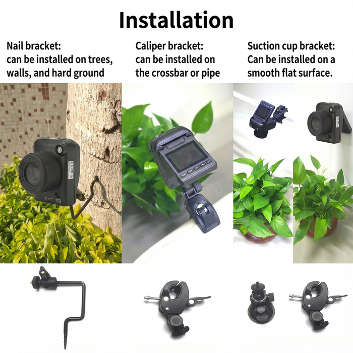 Time lapse camera installation options with nail, caliper, and suction cup brackets, TUTT