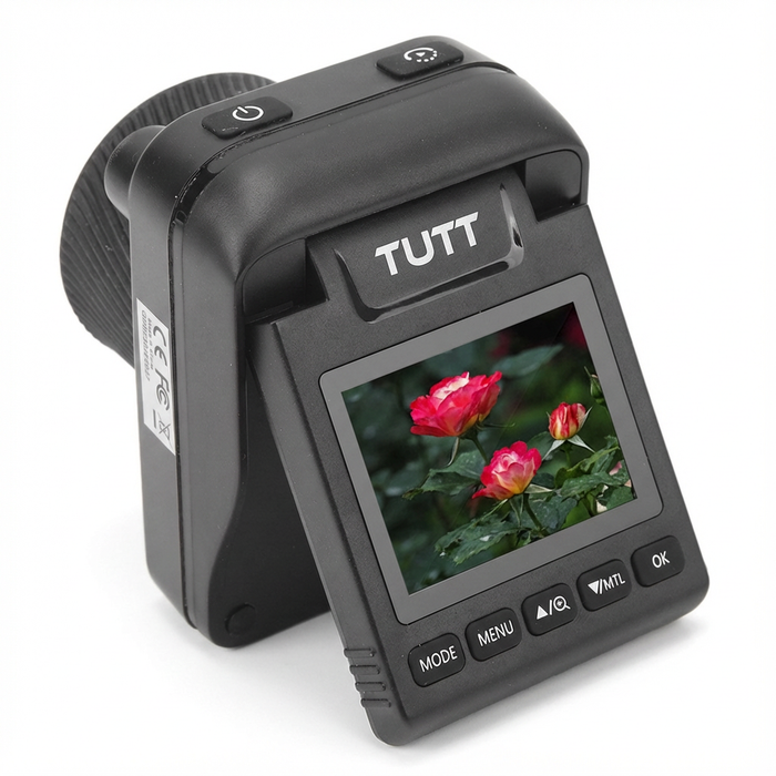 TUTT 4K digital time lapse camera with display screen showing flowers, compact design, TUTT