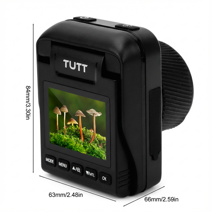 TUTT 4K time lapse digital camera with display screen, showing size dimensions, black body. TUTT