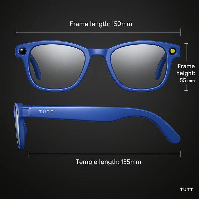 Blue smart glasses with front view showing frame length 150mm and frame height 55mm, side view with temple length 155mm, TUTT branding TUTT