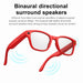 Red smart glasses with binaural directional surround speakers emitting blue sound waves, showcasing audio technology TUTT