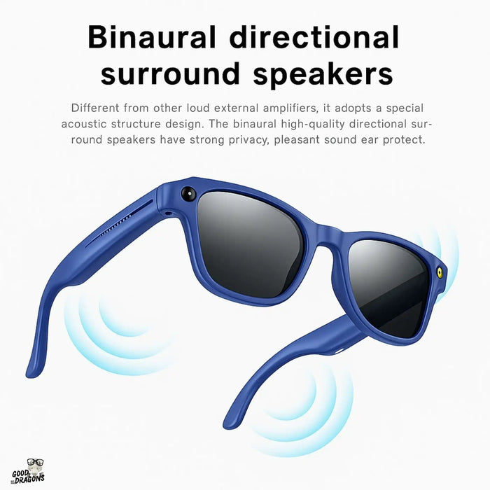 Blue smart sunglasses with binocular directional surround speakers emitting sound waves, modern audio eyewear TUTT