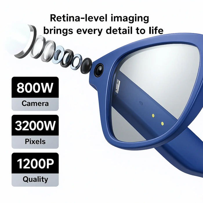 Blue smart glasses with built-in 800W camera and retina-level imaging technology, 3200W pixels, 1200P quality TUTT