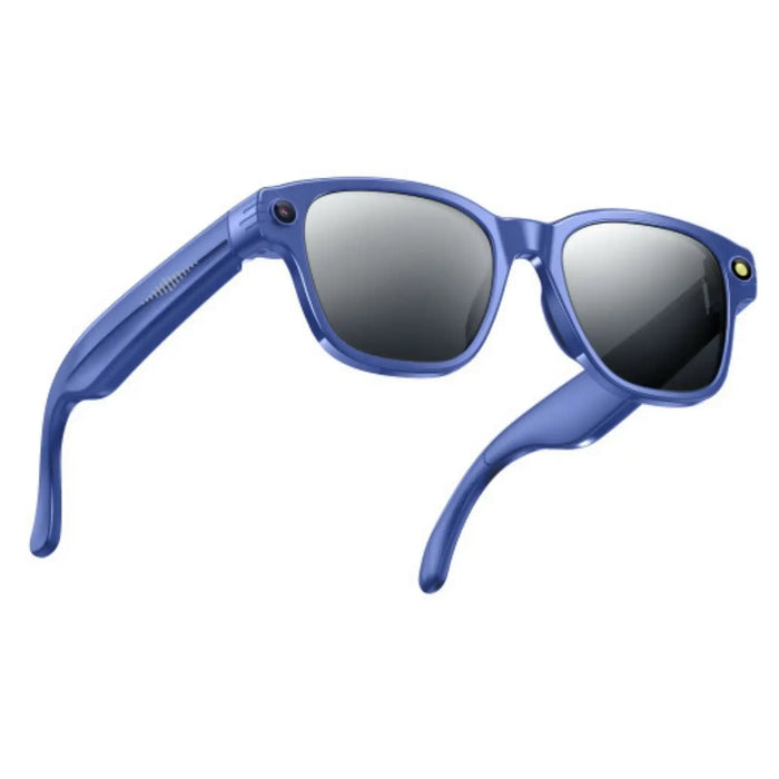Blue TUTT AI smart camera sunglasses with reflective lenses and built-in camera on white background TUTT