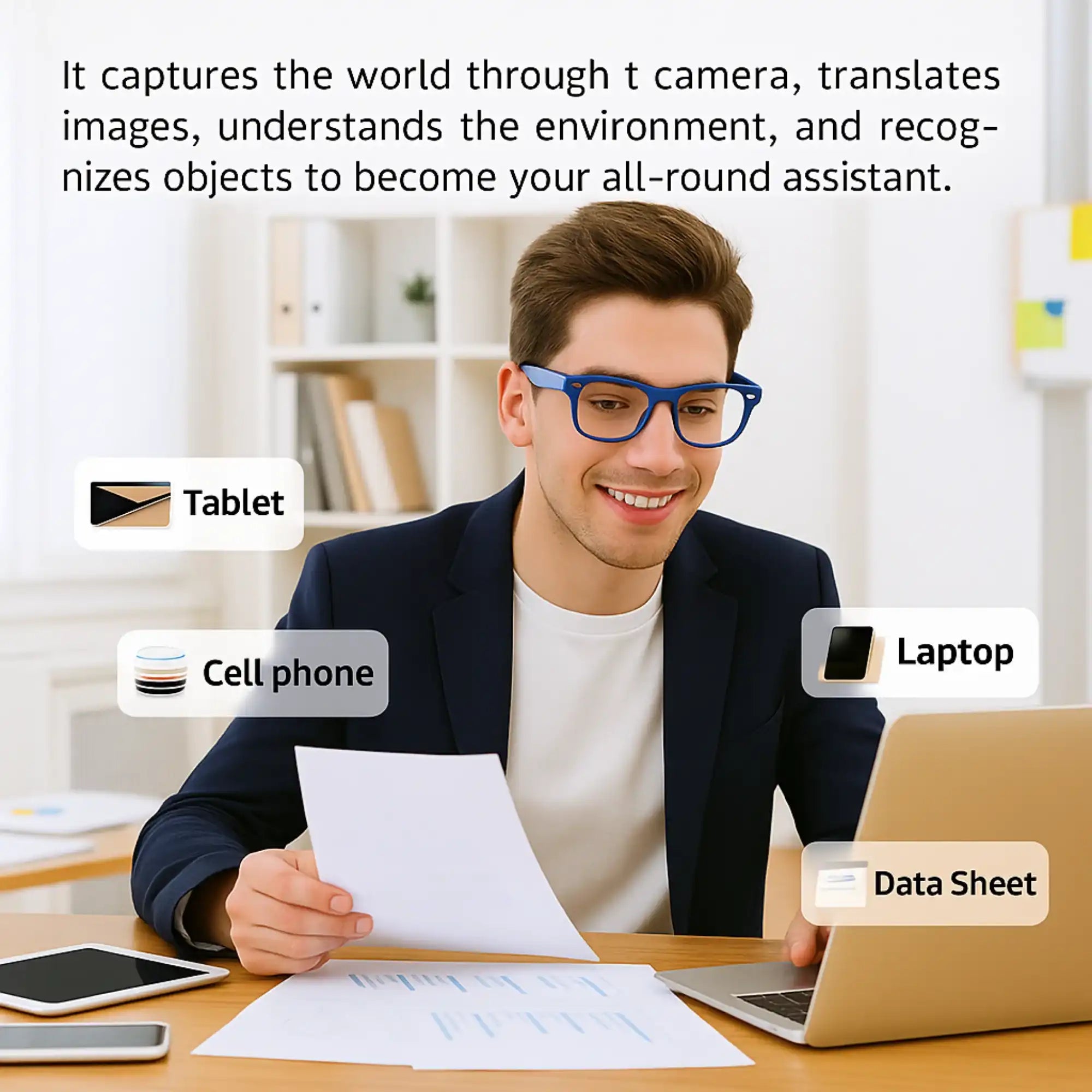 Smiling man wearing blue AI camera glasses working with laptop, tablet, cell phone, and papers in modern office TUTT