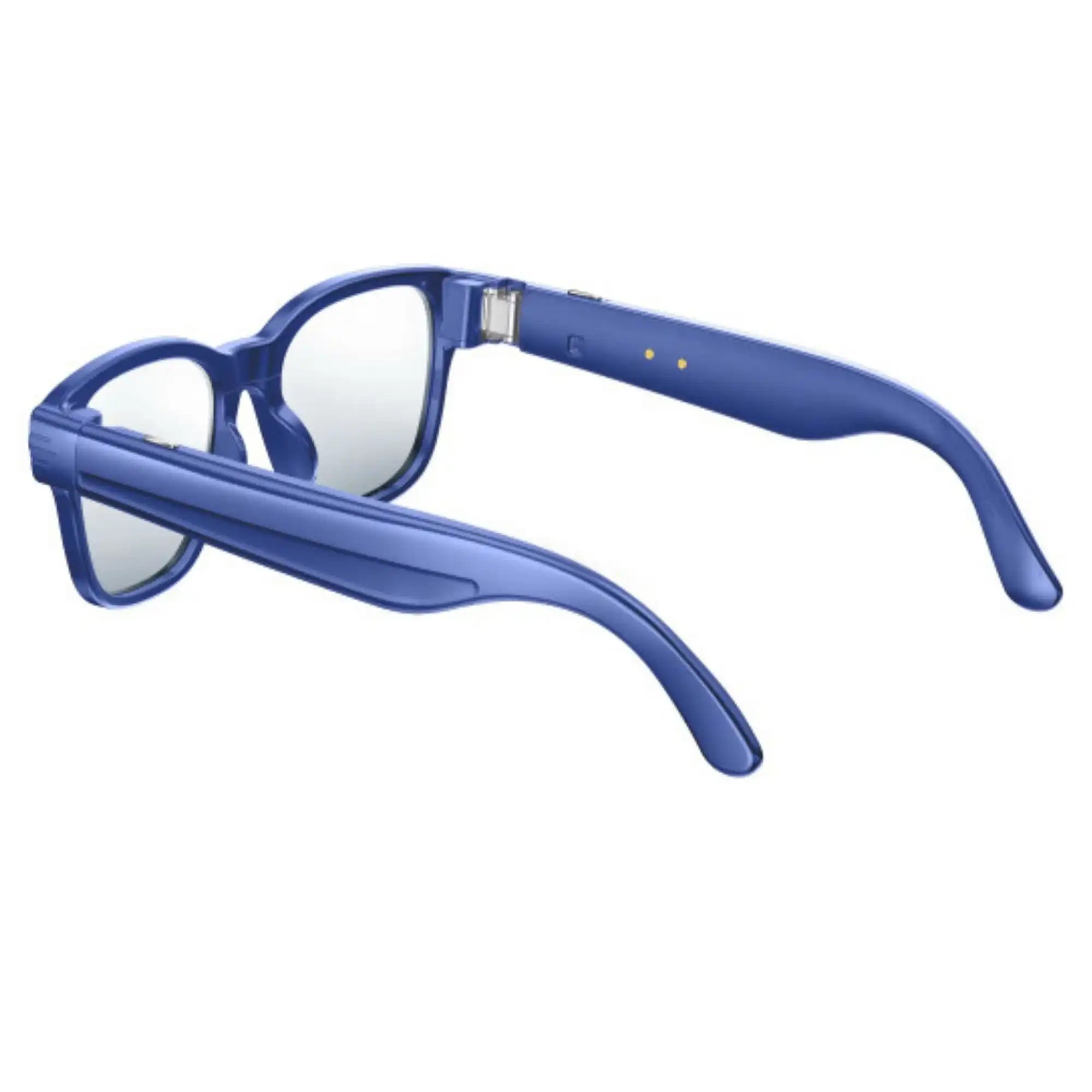 Blue TUTT AI camera glasses with clear lenses and integrated tech arms on white background TUTT