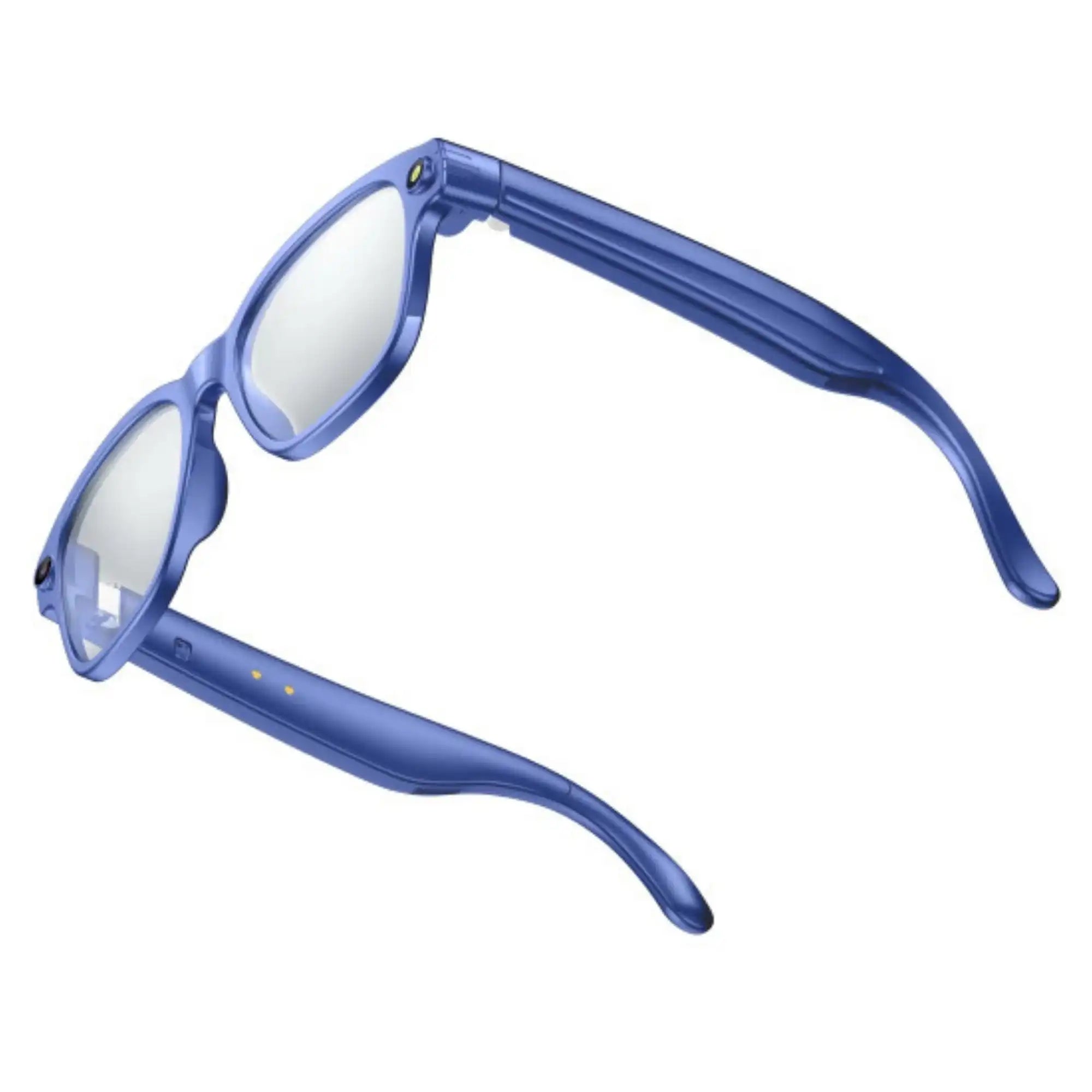 Blue AI smart camera glasses with clear lenses and built-in camera on white background TUTT