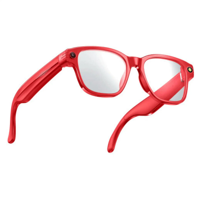 Red AI camera smart glasses with clear lenses and integrated cameras on each temple TUTT