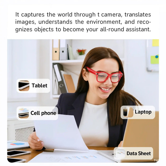 Young woman wearing red AI camera glasses working with laptop, tablet, and documents in office TUTT