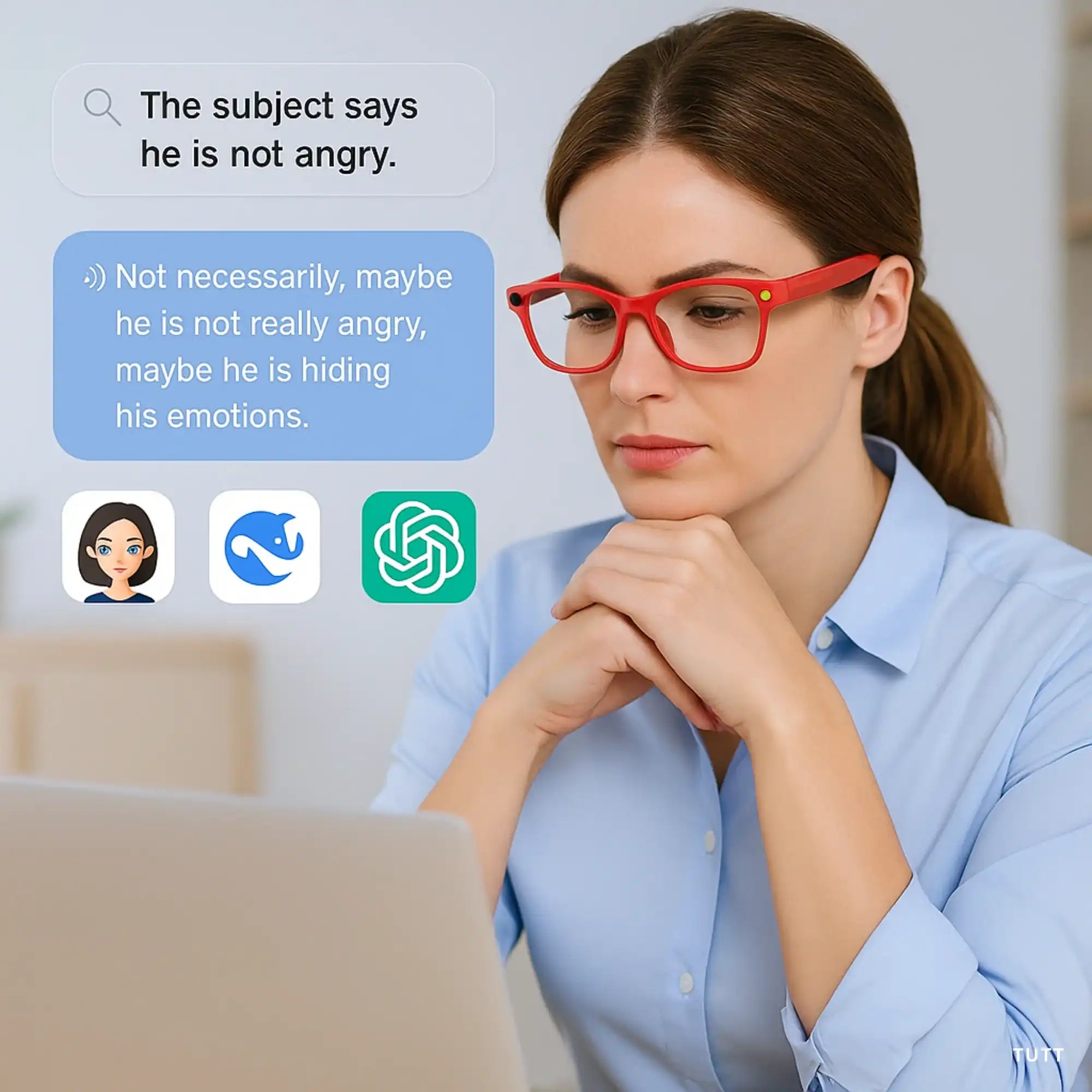 Woman wearing red smart glasses analyzing emotional AI chat response on laptop screen TUTT