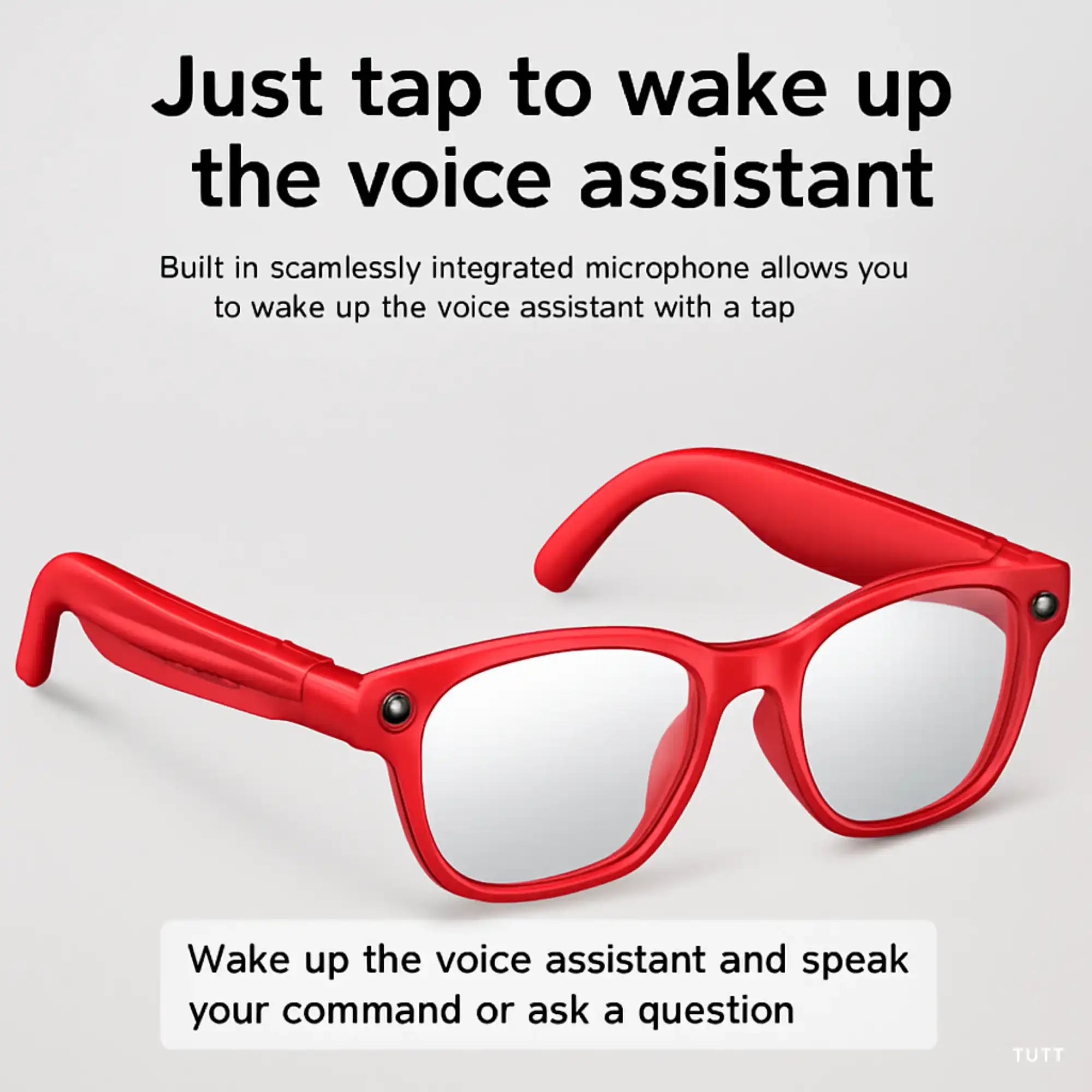 Red smart glasses with built-in microphone for voice assistant activation by tap TUTT