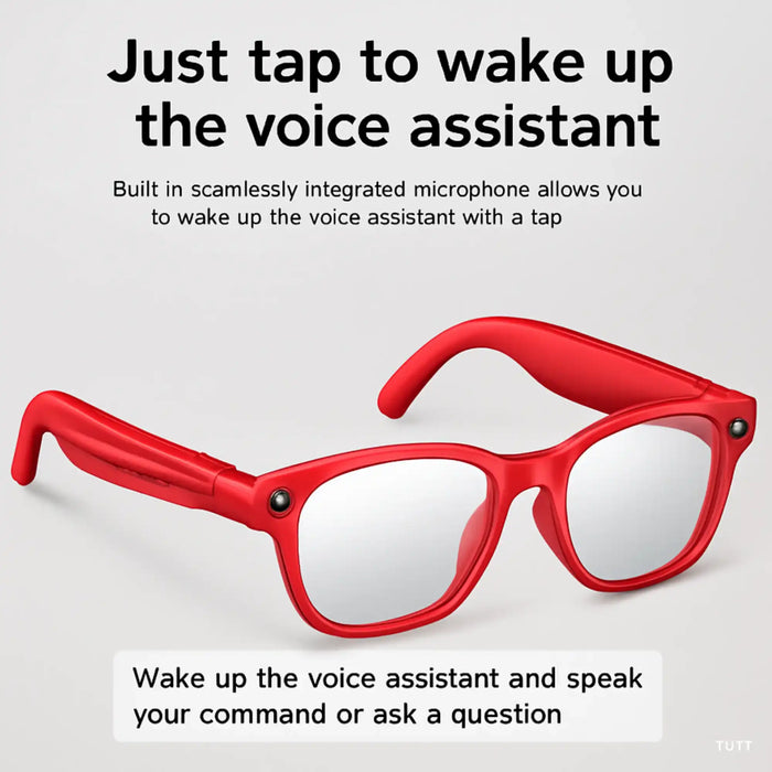 Red smart glasses with built-in microphone for voice assistant activation by tap TUTT