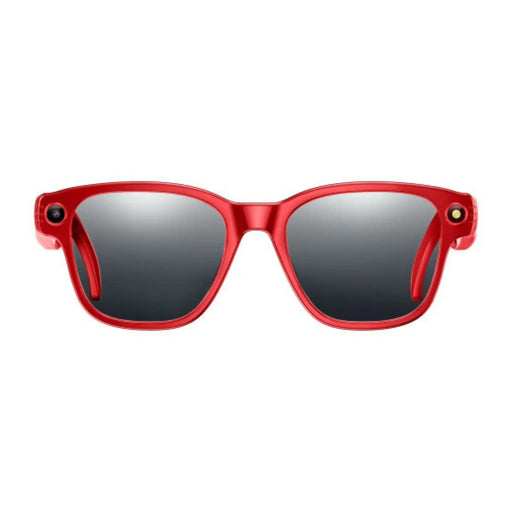 Red smart sunglasses with built-in cameras on both sides and dark reflective lenses, front view TUTT