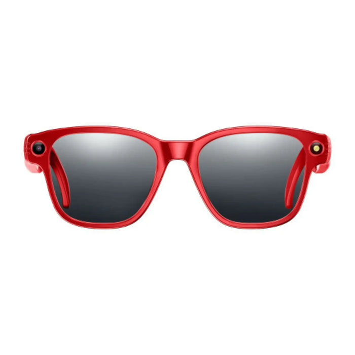Red smart sunglasses with built-in cameras on both sides and dark reflective lenses, front view TUTT