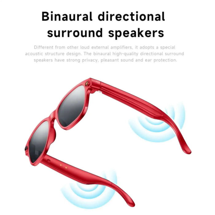 Red sunglasses with binaural directional surround speakers emitting blue sound waves, black lenses TUTT