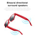 Red sunglasses with binaural directional surround speakers emitting blue sound waves, black lenses TUTT