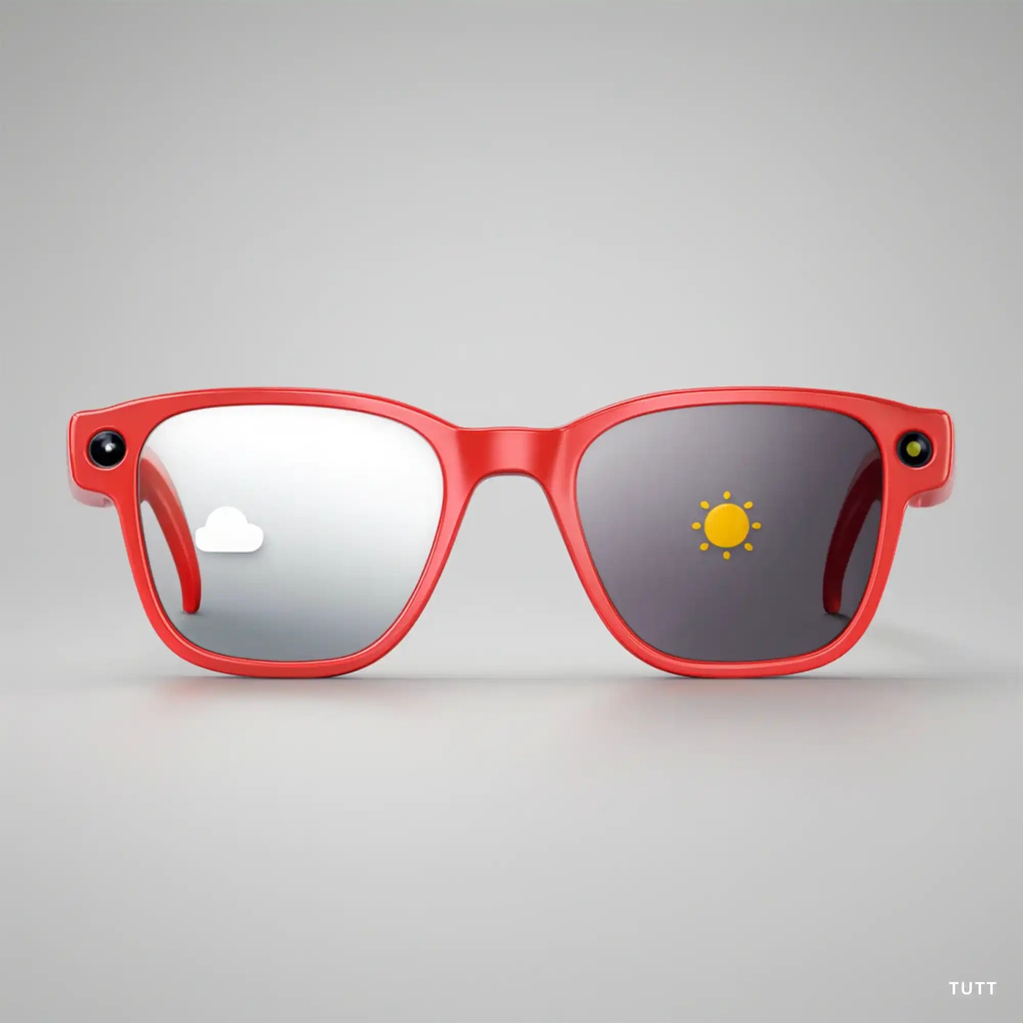 Red smart camera sunglasses with reflective lenses showing cloud and sun icons, modern tech eyewear TUTT