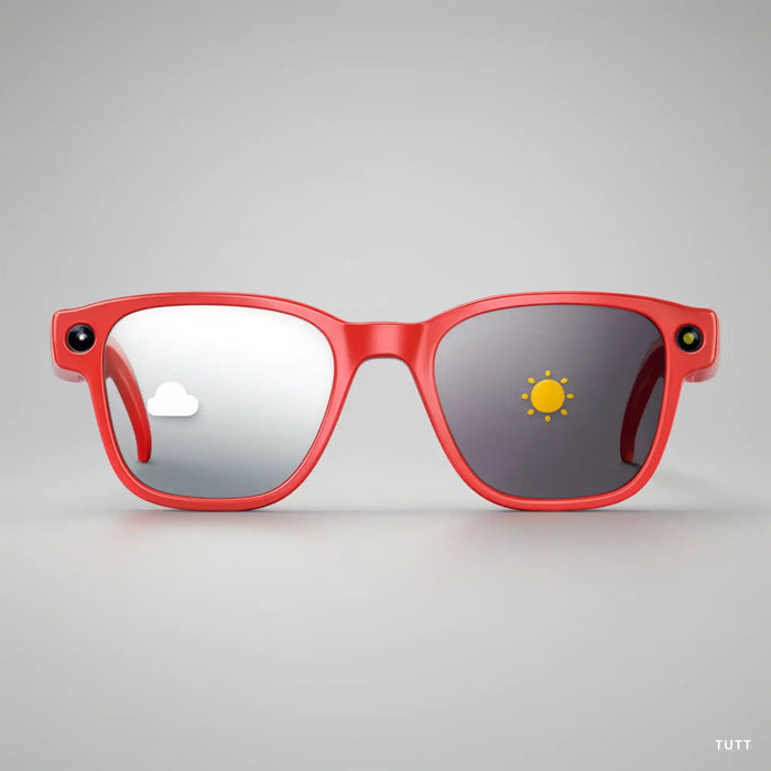 Red smart camera sunglasses with reflective lenses showing cloud and sun icons, modern tech eyewear TUTT