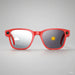 Red smart camera sunglasses with reflective lenses showing cloud and sun icons, modern tech eyewear TUTT