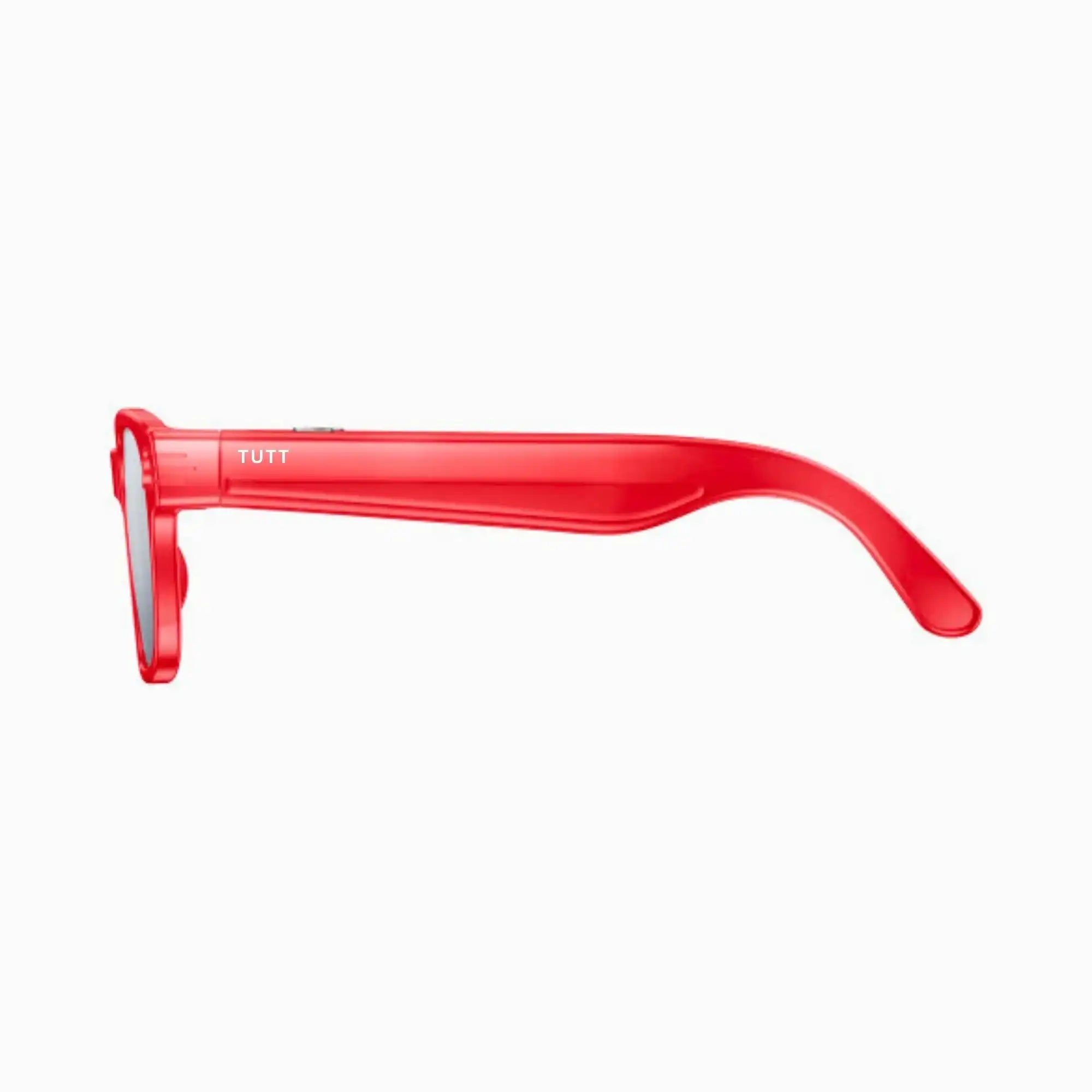 Side view of transparent red AI camera glasses with integrated lens and sleek frame TUTT