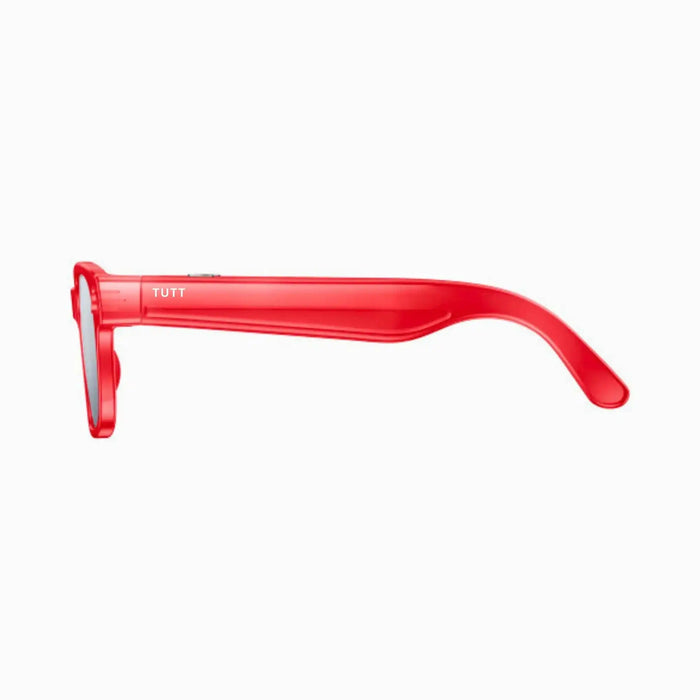 Side view of transparent red AI camera glasses with integrated lens and sleek frame TUTT