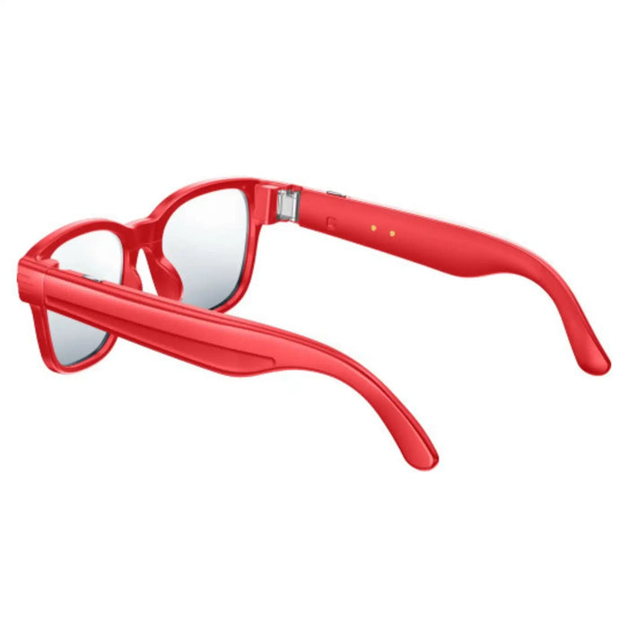 Red smart camera sunglasses with rectangular lenses and thick arms, modern wearable tech TUTT