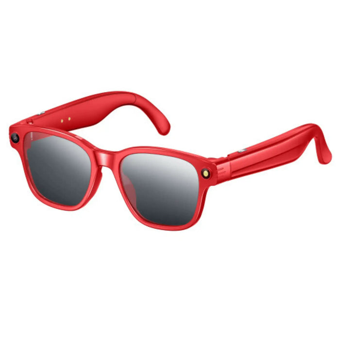 Red smart sunglasses with built-in camera and dark tinted lenses, modern wearable tech TUTT