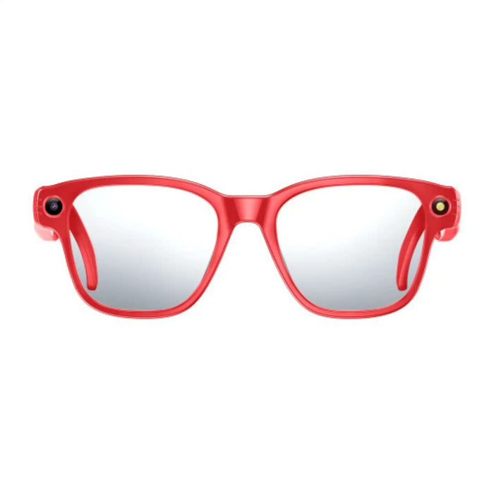 Front view of red smart glasses with built-in cameras on each temple and reflective lenses TUTT