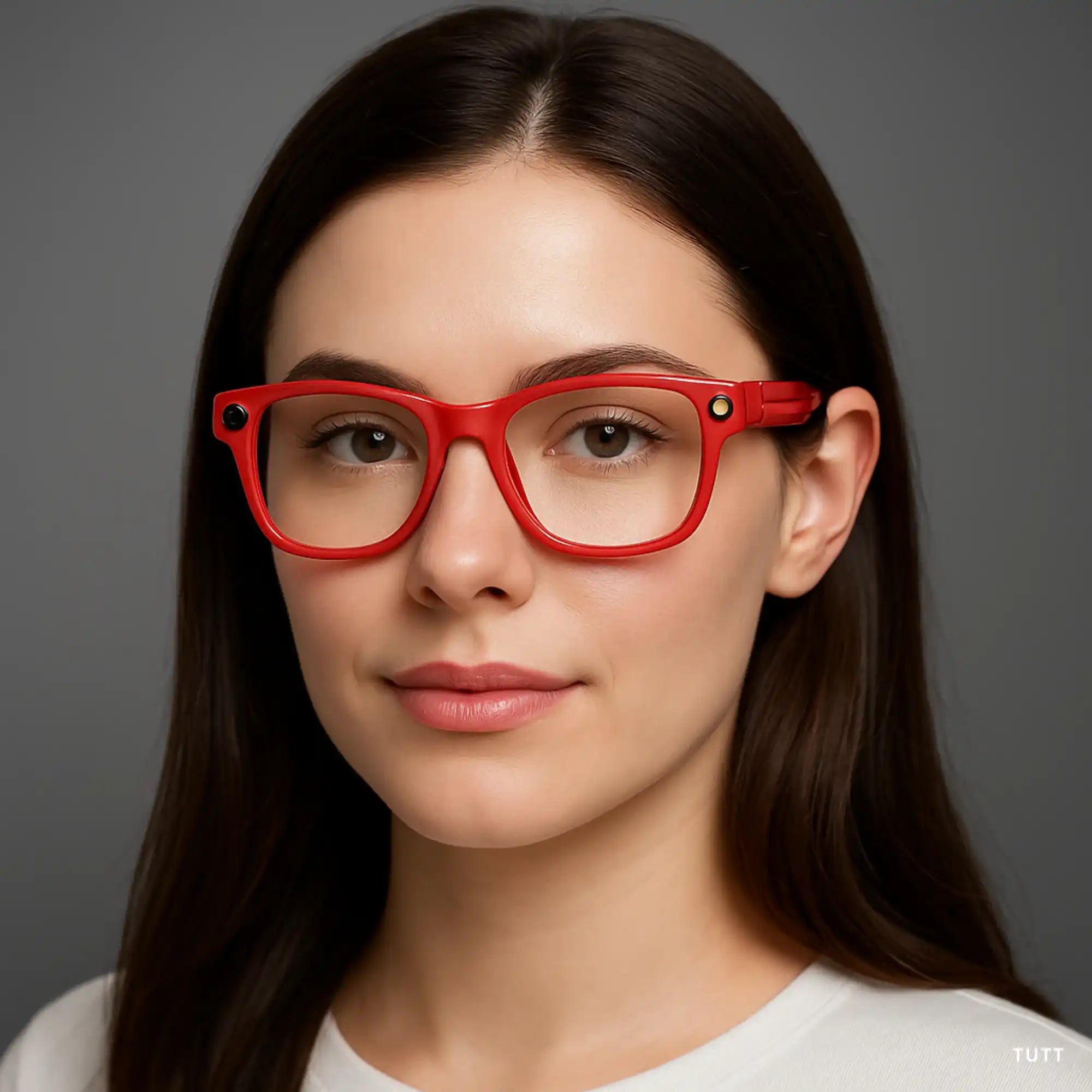 Woman wearing red AI camera glasses with built-in lenses and cameras on each side, neutral background TUTT