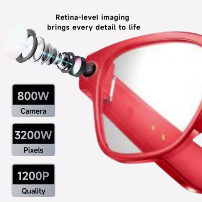 Red smart glasses with integrated 800W camera and 3200W pixels for 1200P retina-level imaging quality TUTT