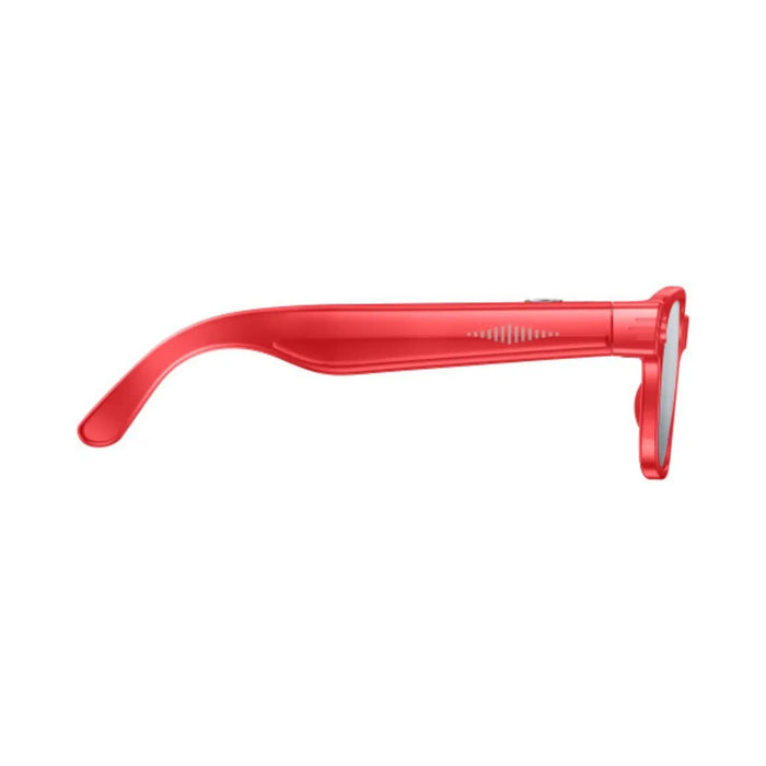 Side view of red AI-powered camera glasses with sleek frame and volume control buttons TUTT