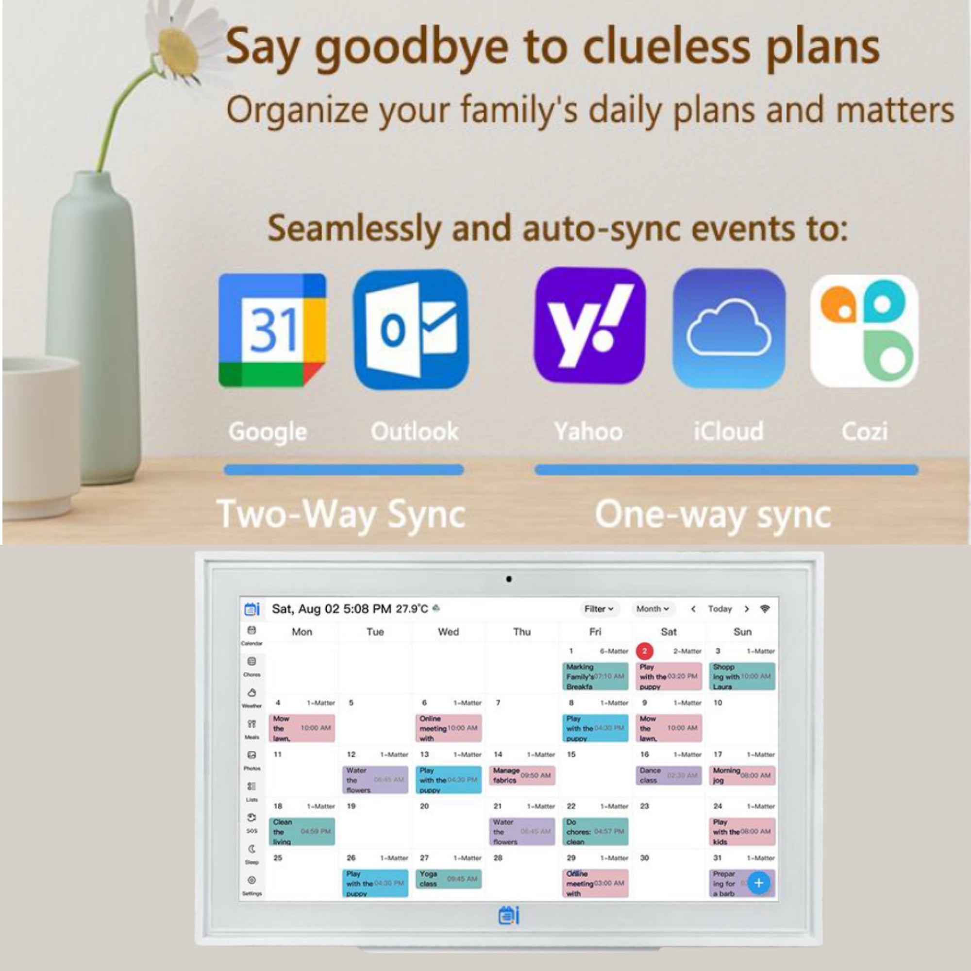 Family organizer digital calendar display with syncing for Google, Outlook, Yahoo, iCloud, Cozi apps on smart screen TUTT