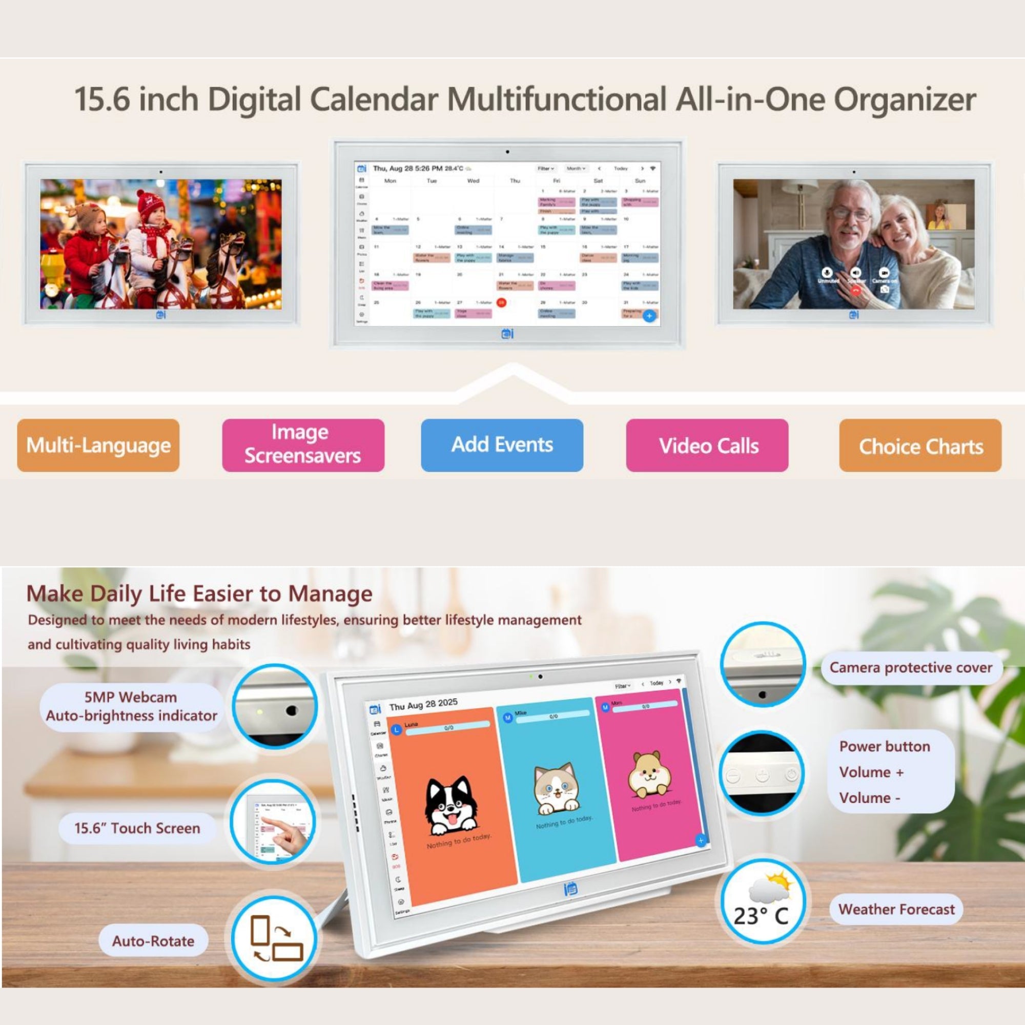15.6 inch digital calendar organizer with touchscreen, video call, multi-language, weather, and event management TUTT