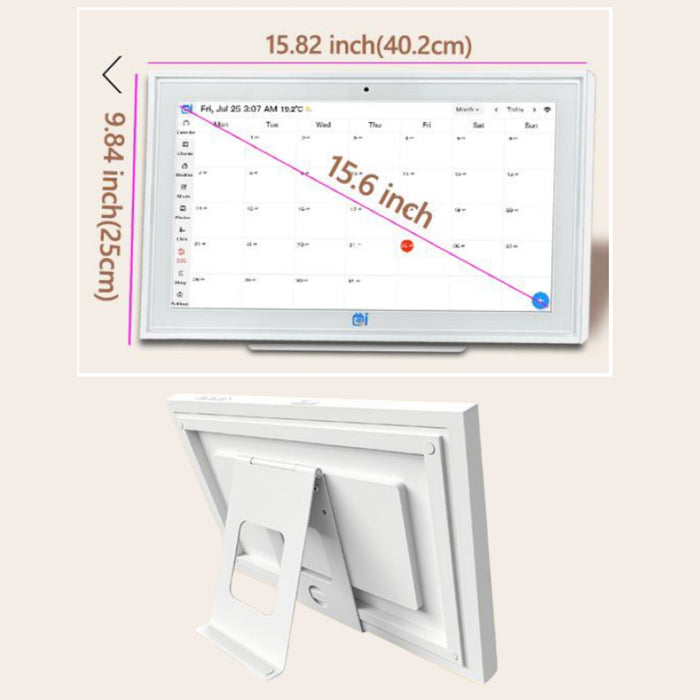 White digital calendar display with 15.82x9.84 inch dimensions and 15.6 inch screen, rear stand view TUTT