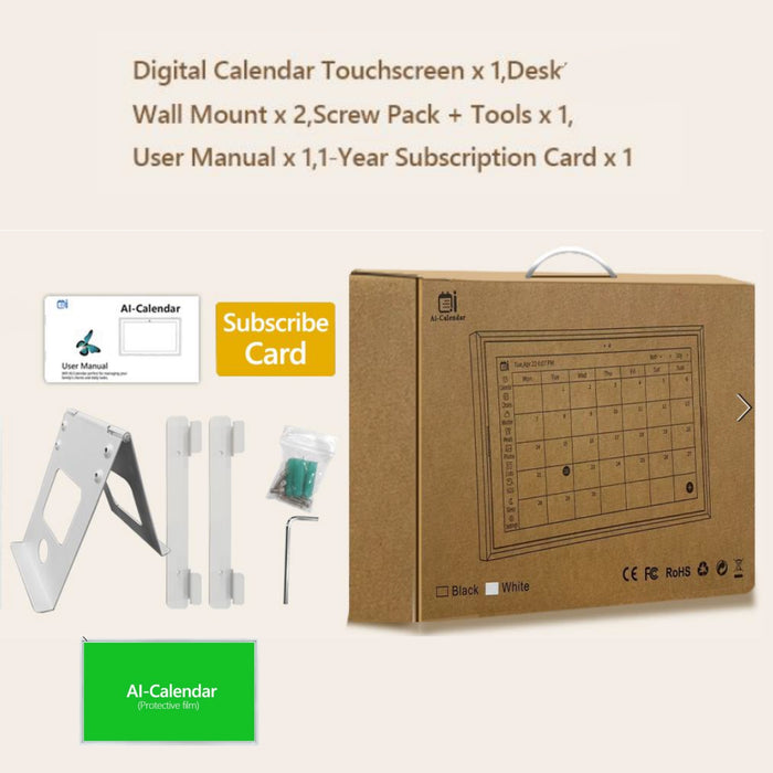 Digital AI calendar kit with touchscreen, desk stand, wall mounts, screw pack, user manual, and subscription card packaging TUTT