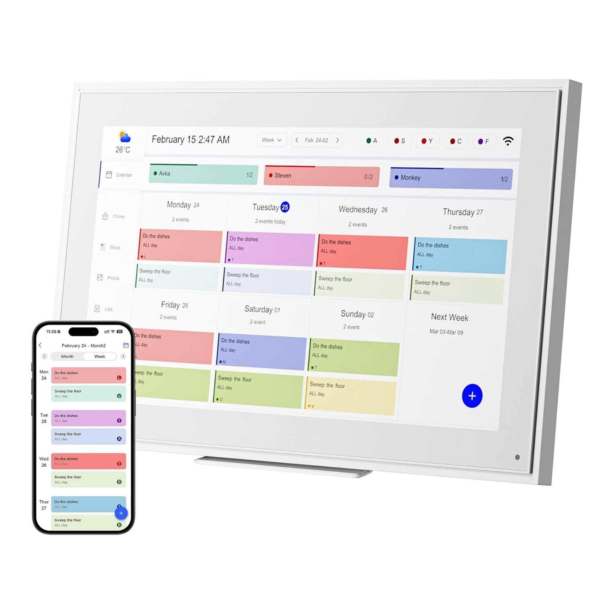 Digital calendar and schedule app showing weekly chores and meals on TV and smartphone screens with color-coded events TUTT