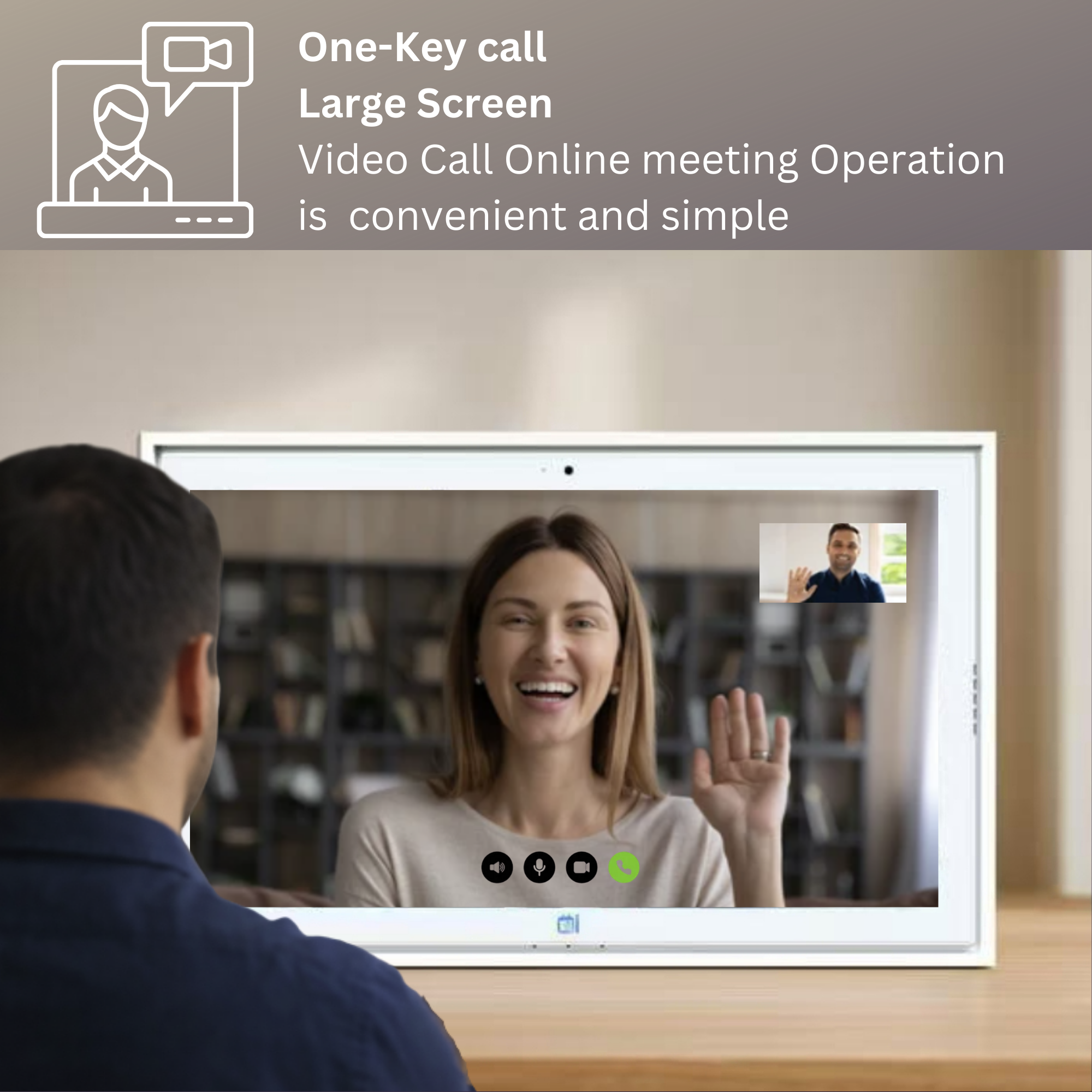 Man video calling woman on large smart screen device, promoting one-key call ease for online meetings TUTT