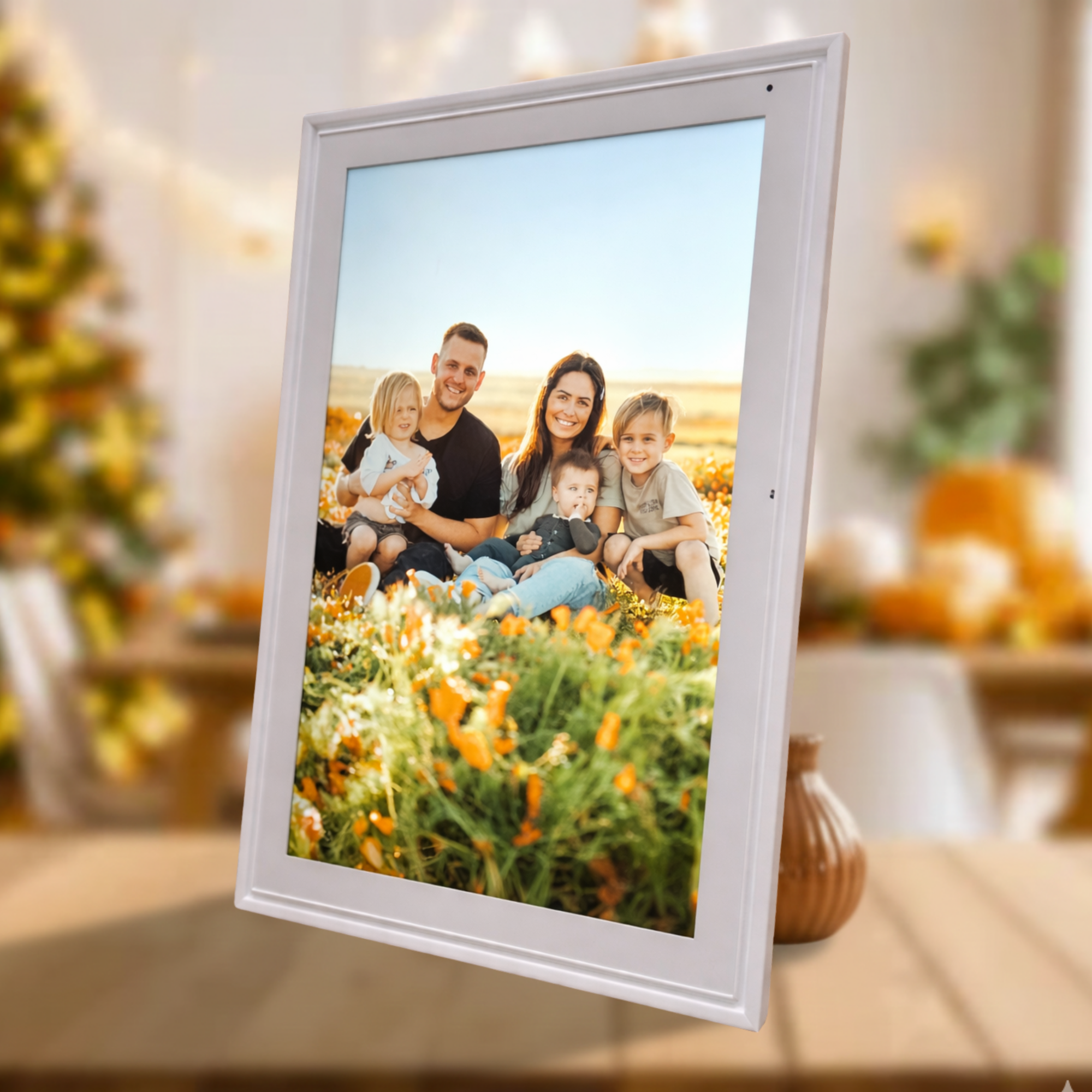 Digital photo frame displaying a smiling family of five in a vibrant outdoor flower field, modern white frame TUTT