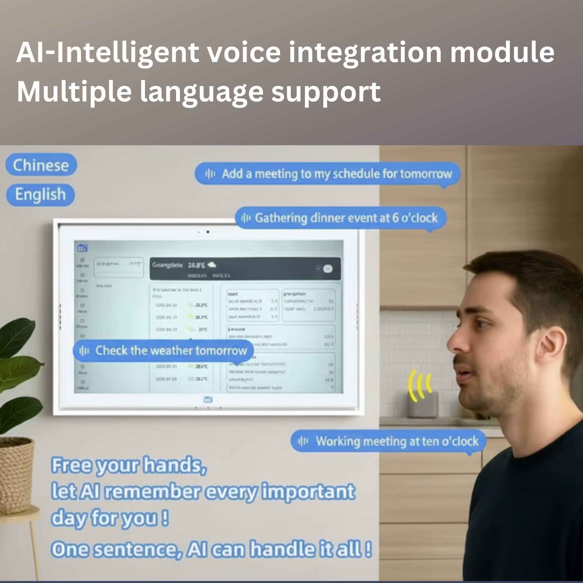 Smart digital calendar with AI voice integration showing schedule and weather commands in English and Chinese, man speaking TUTT